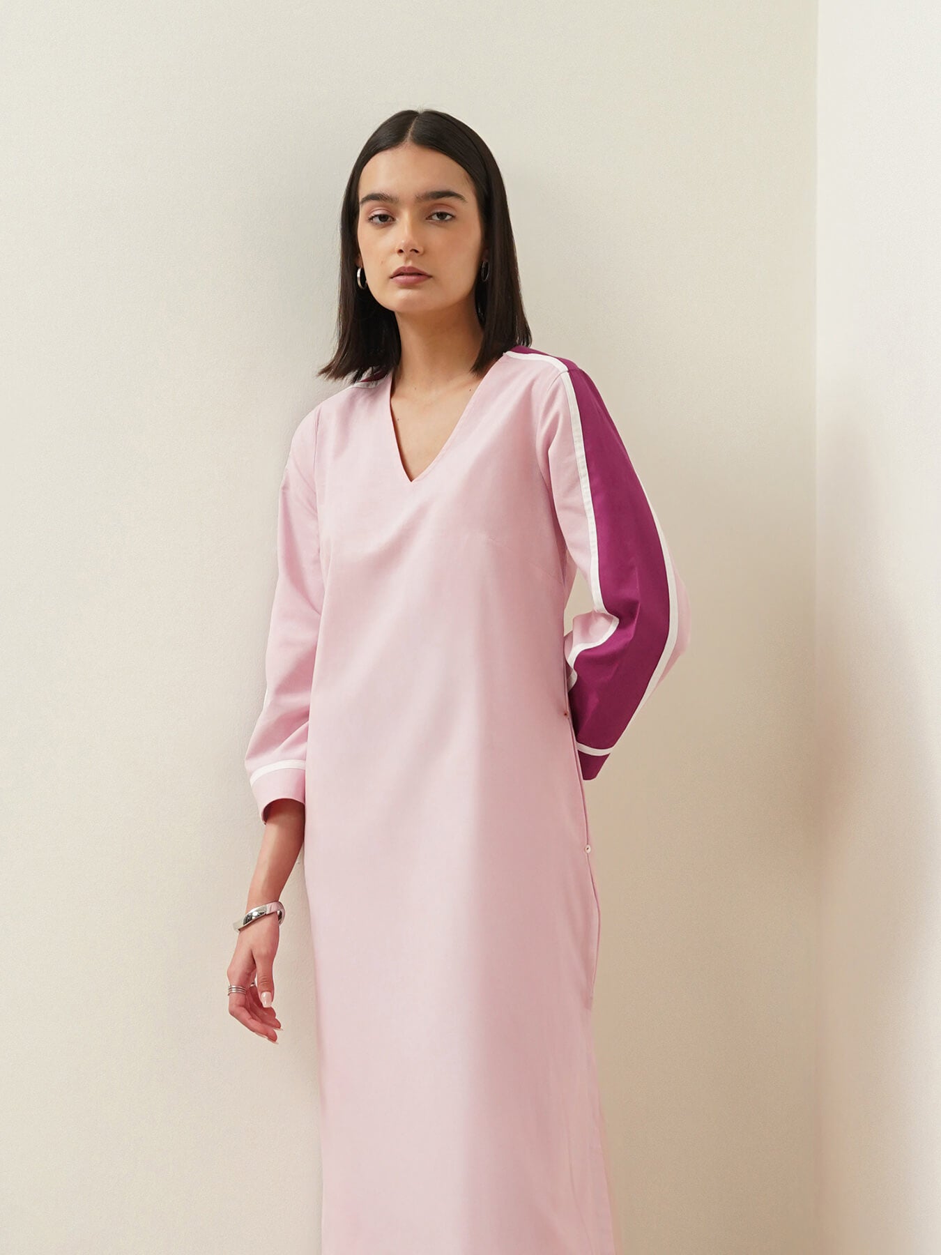 Linen Blend Colourblock Kurta Set - Pink