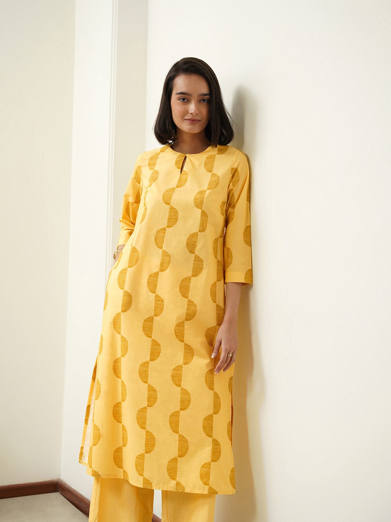 Cotton Geometric Straight Kurta Set - Yellow
