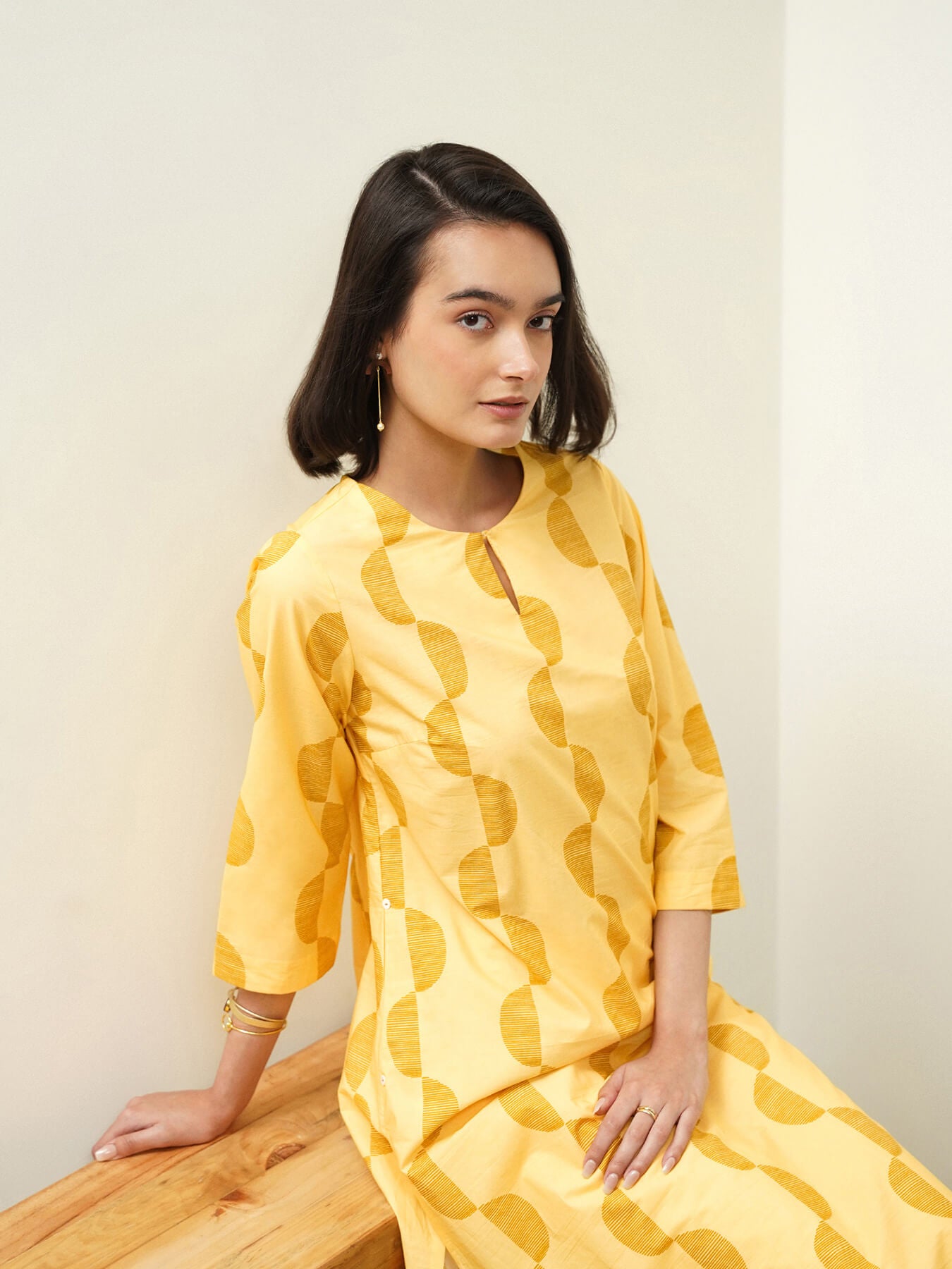 Cotton Geometric Straight Kurta Set - Yellow
