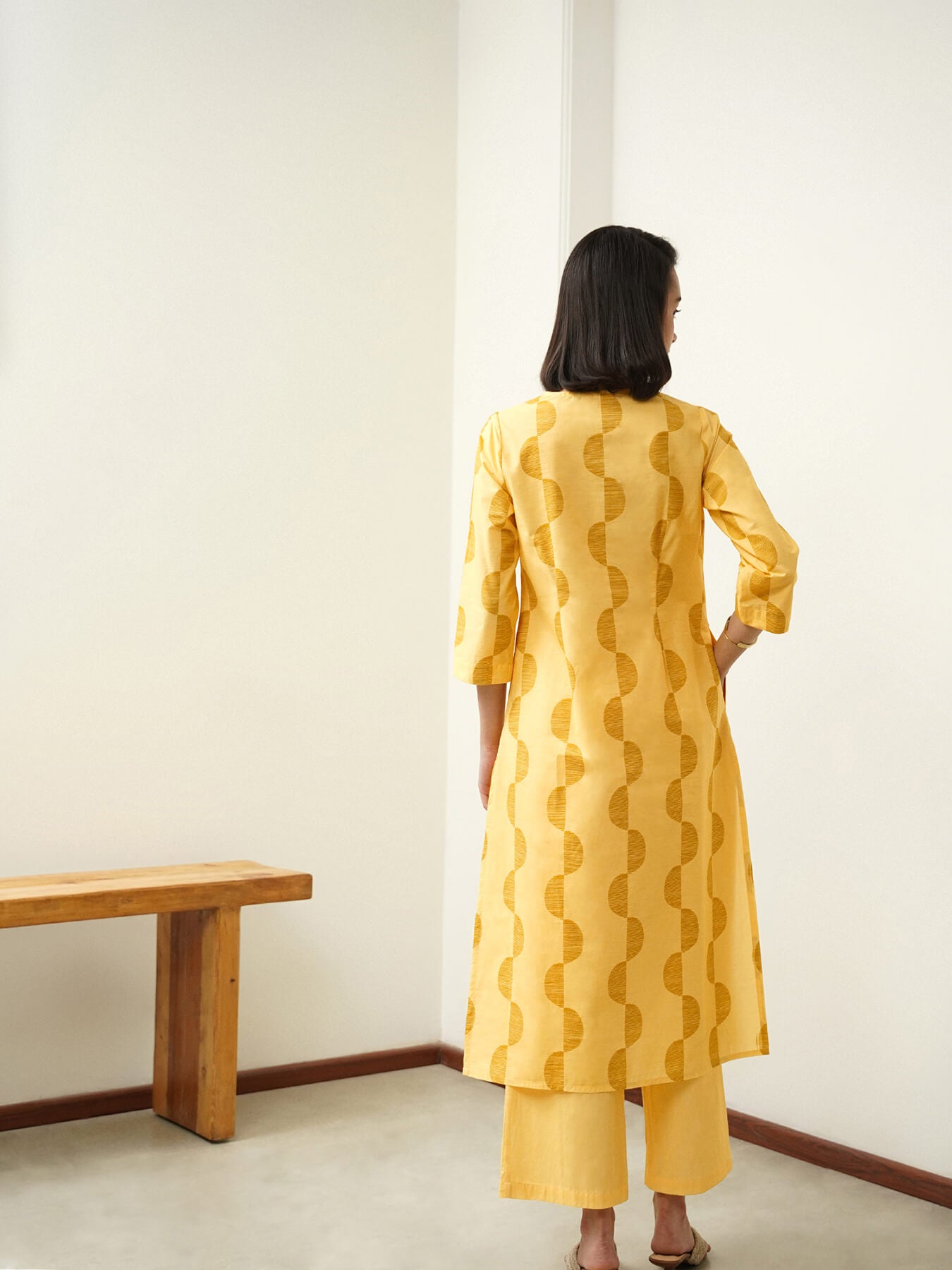 Cotton Geometric Straight Kurta Set - Yellow
