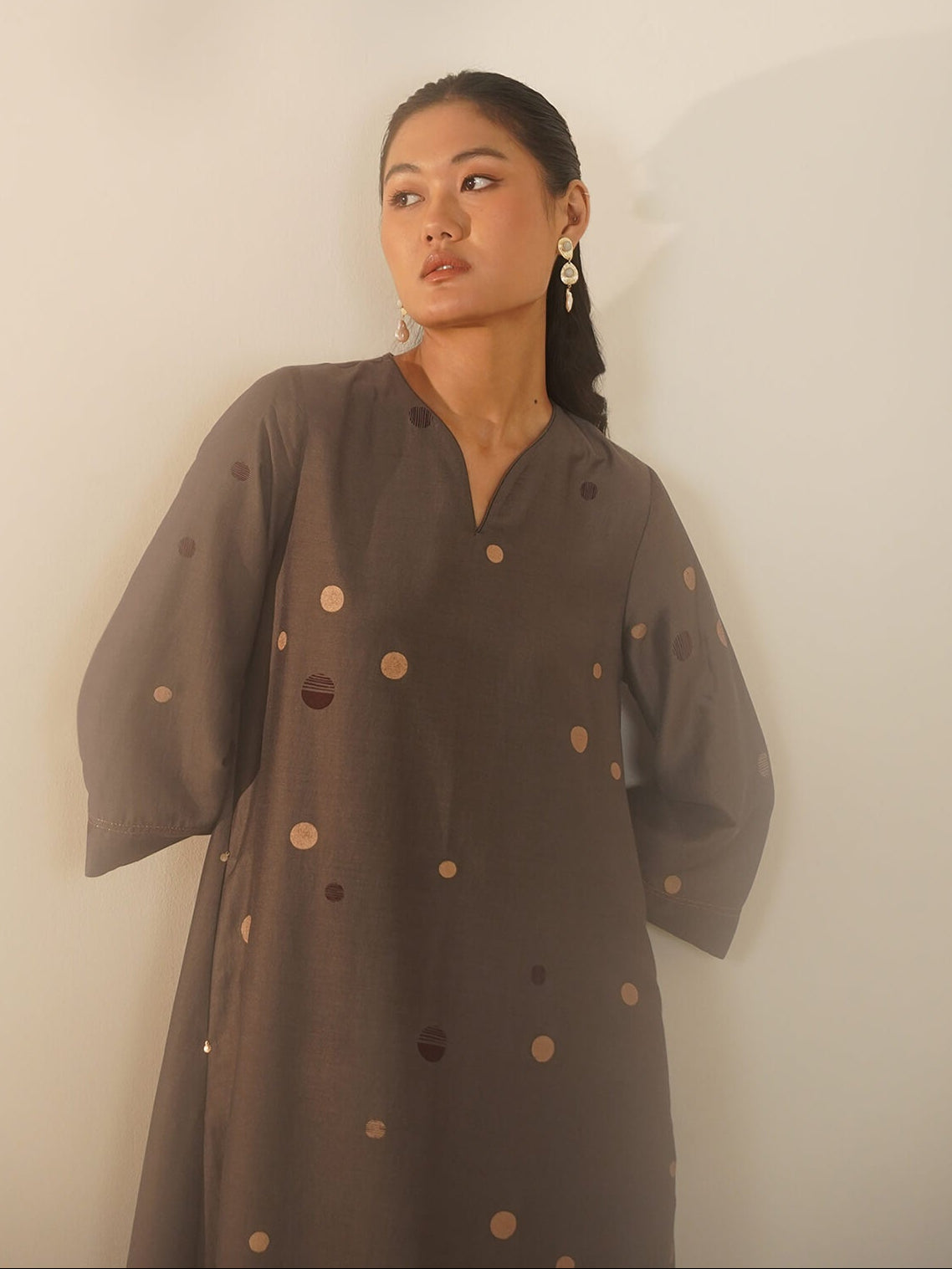 Silk Blend Geometric Kurta Set - Grey