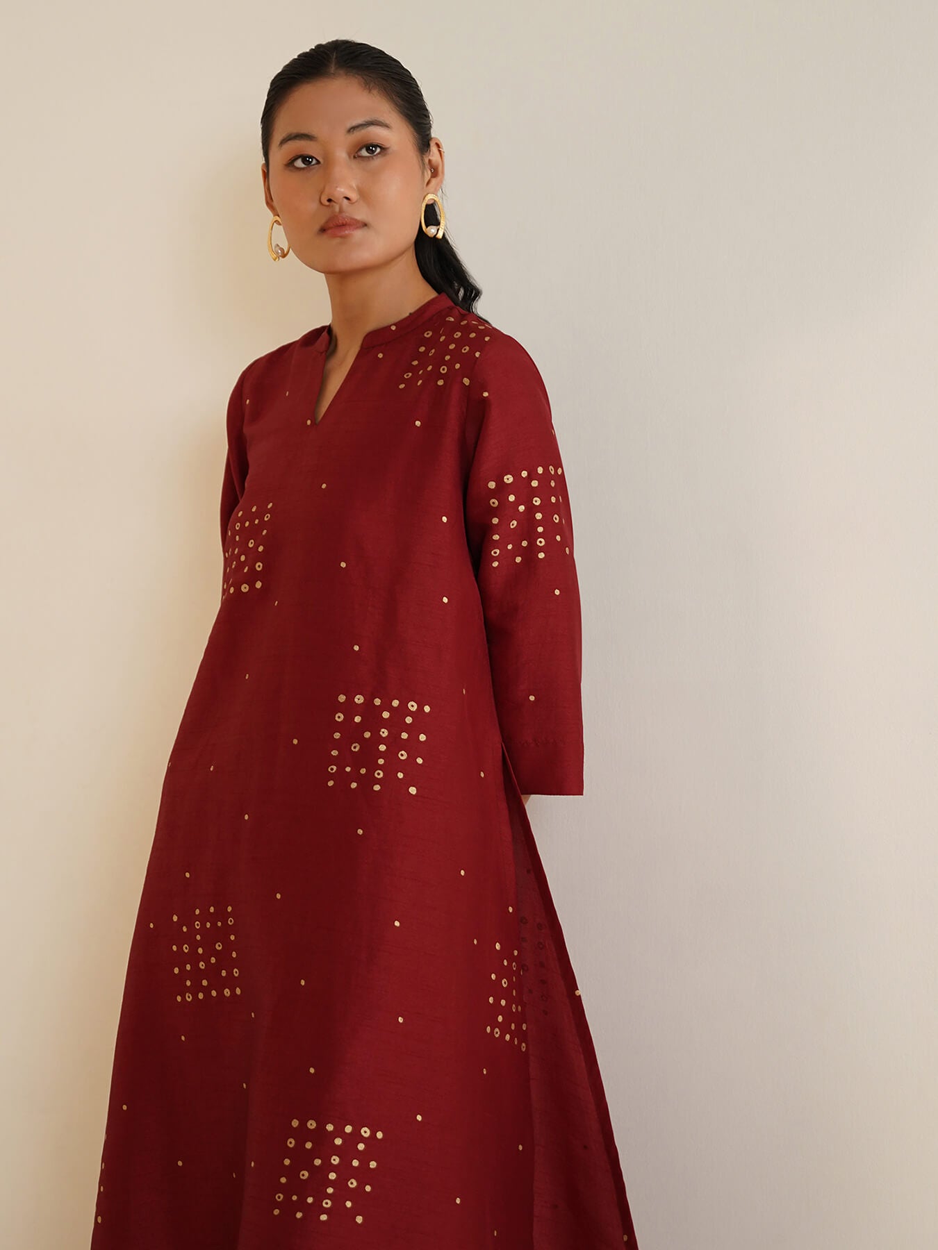 Silk Blend Geometric Kurta Set - Red