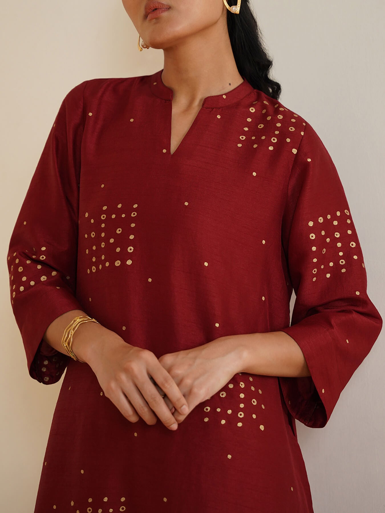 Silk Blend Geometric Kurta Set - Red