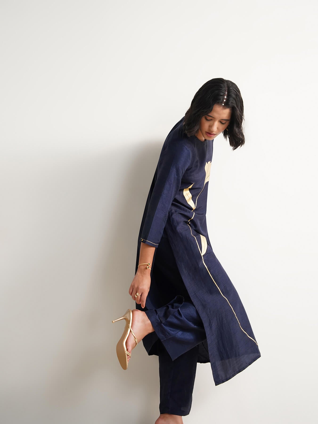Silk Blend Gold Floral Print Kurta Set - Navy Blue