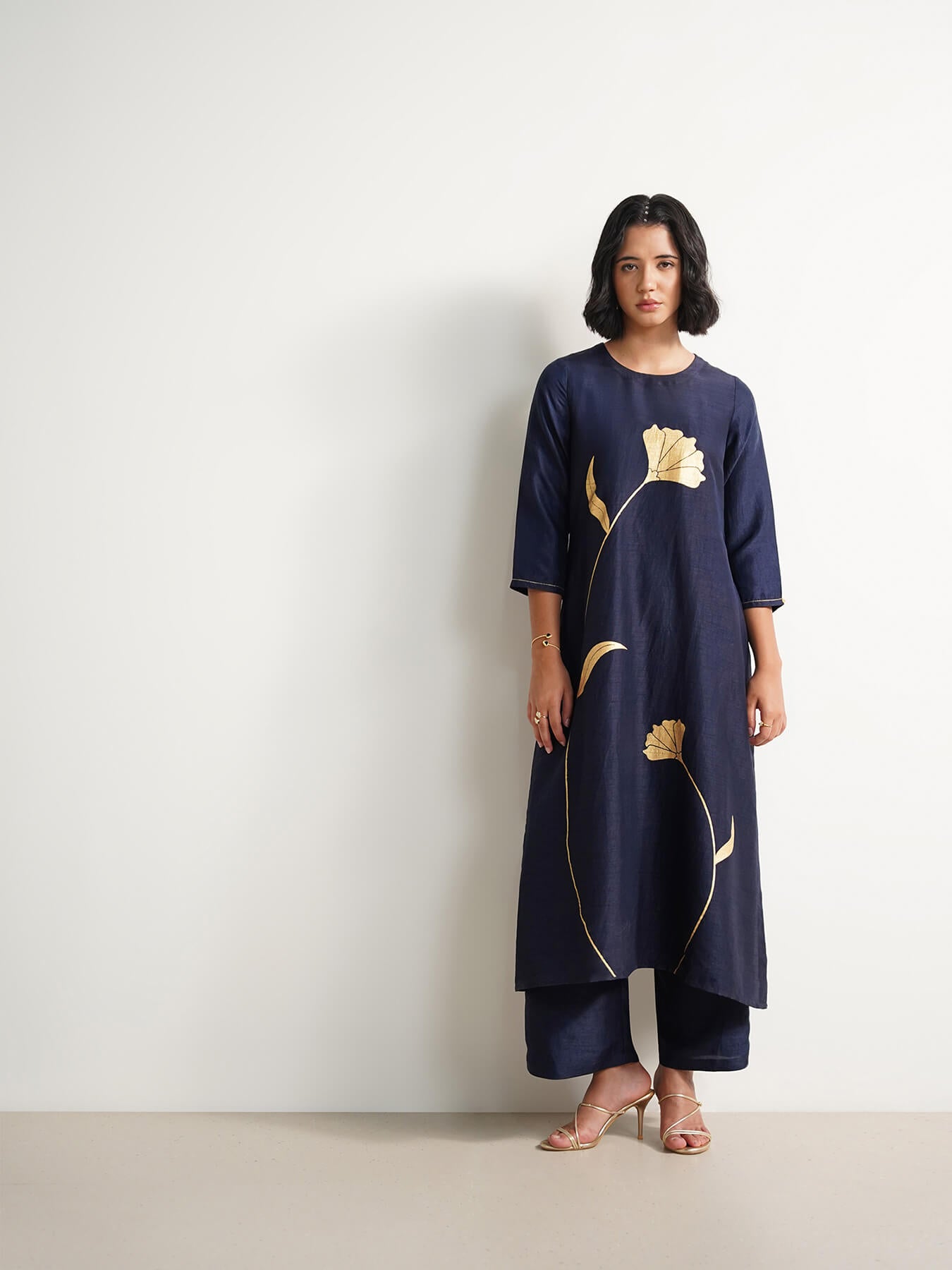 Silk Blend Gold Floral Print Kurta Set - Navy Blue