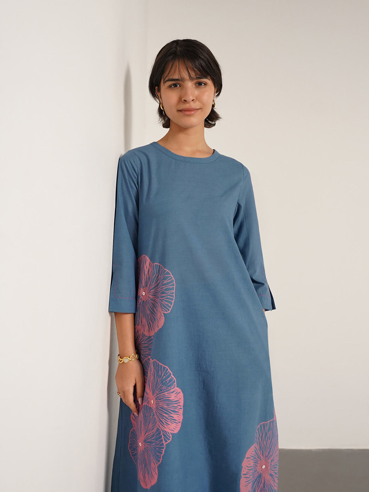 Cotton Placement Floral Print Kurta Set - Blue