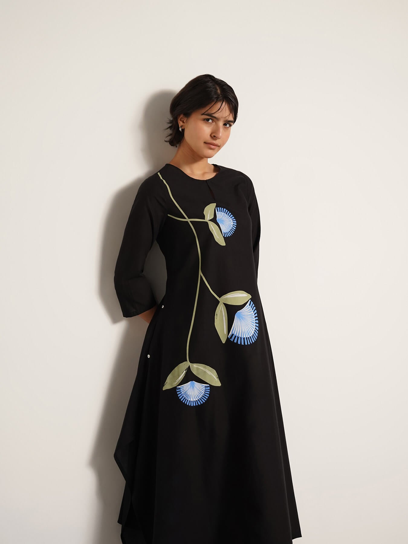 Cotton Asymmetric Floral Kurta Set - Black
