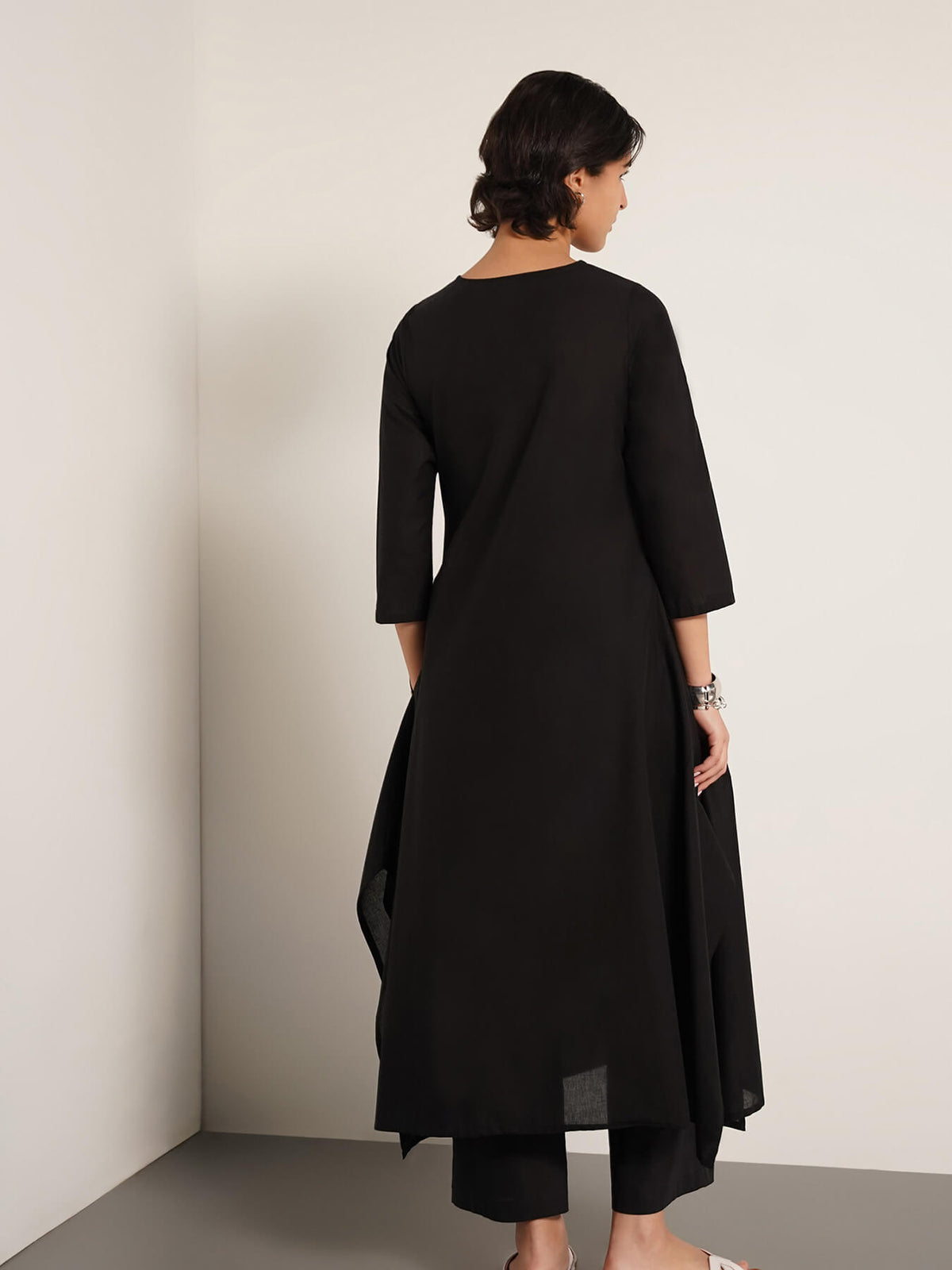 Cotton Asymmetric Floral Kurta Set - Black