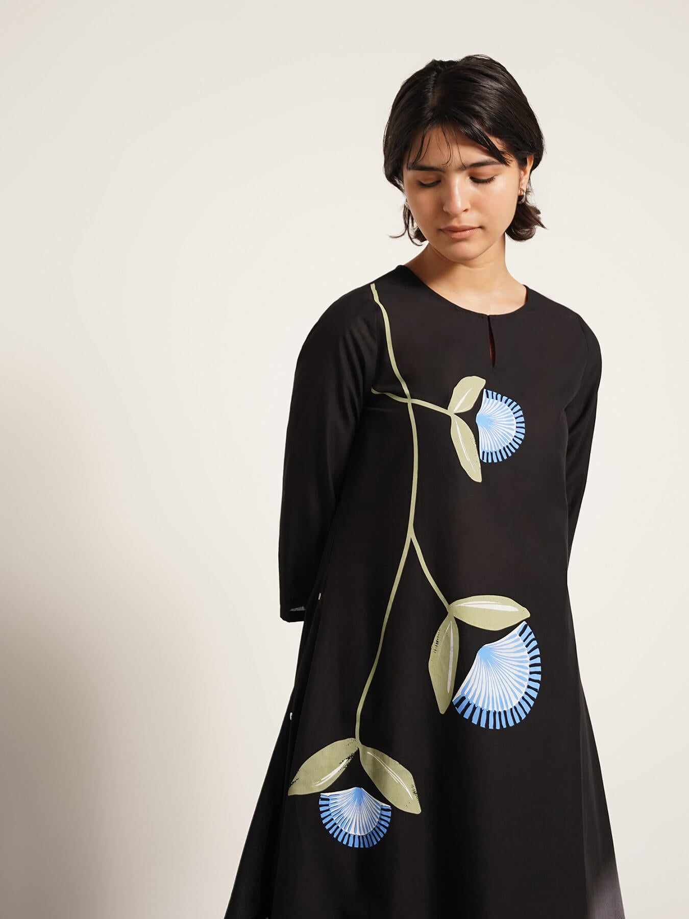 Cotton Asymmetric Floral Kurta Set - Black