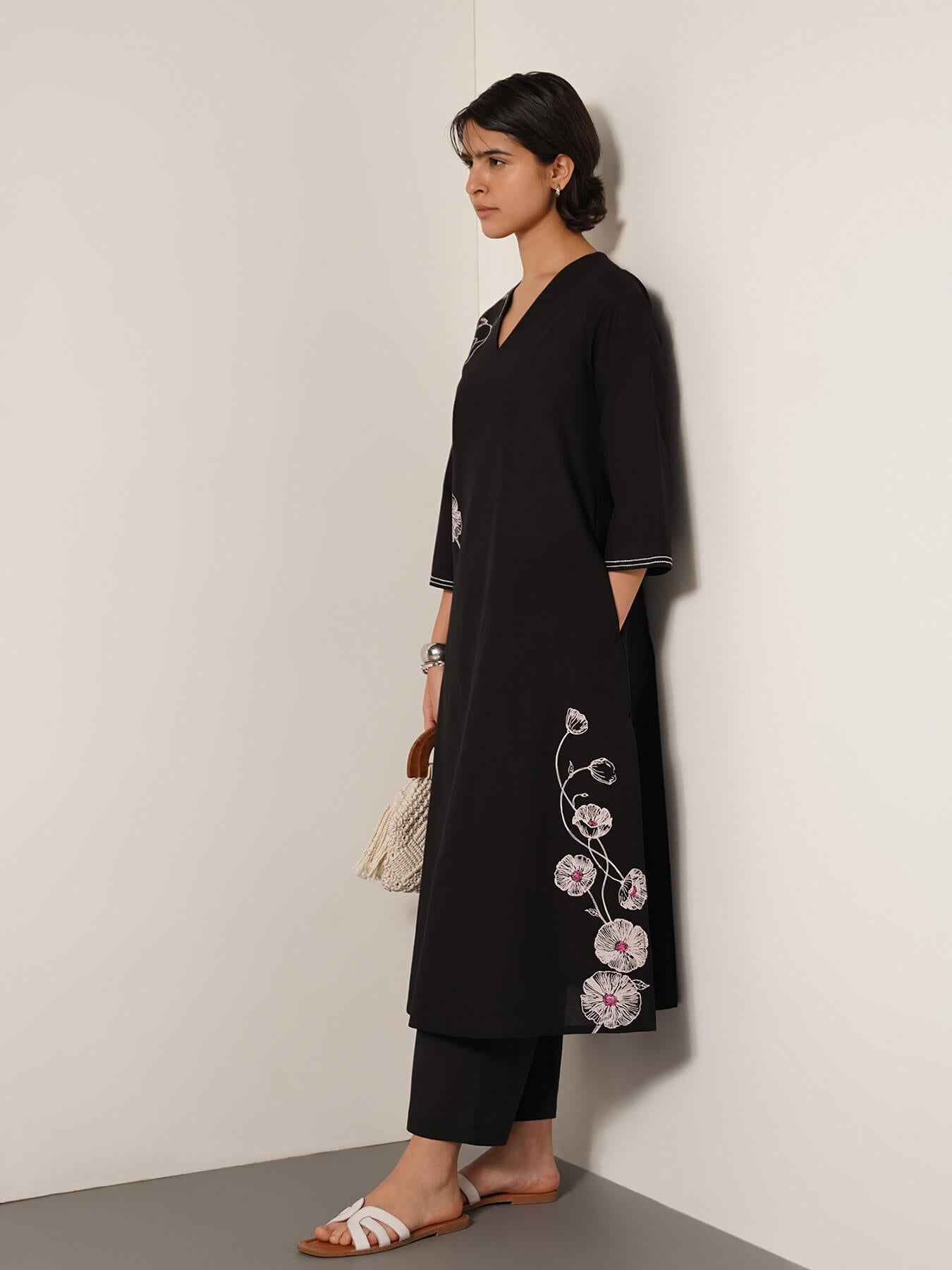 Cotton Floral Placement Print Kurta Set - Black