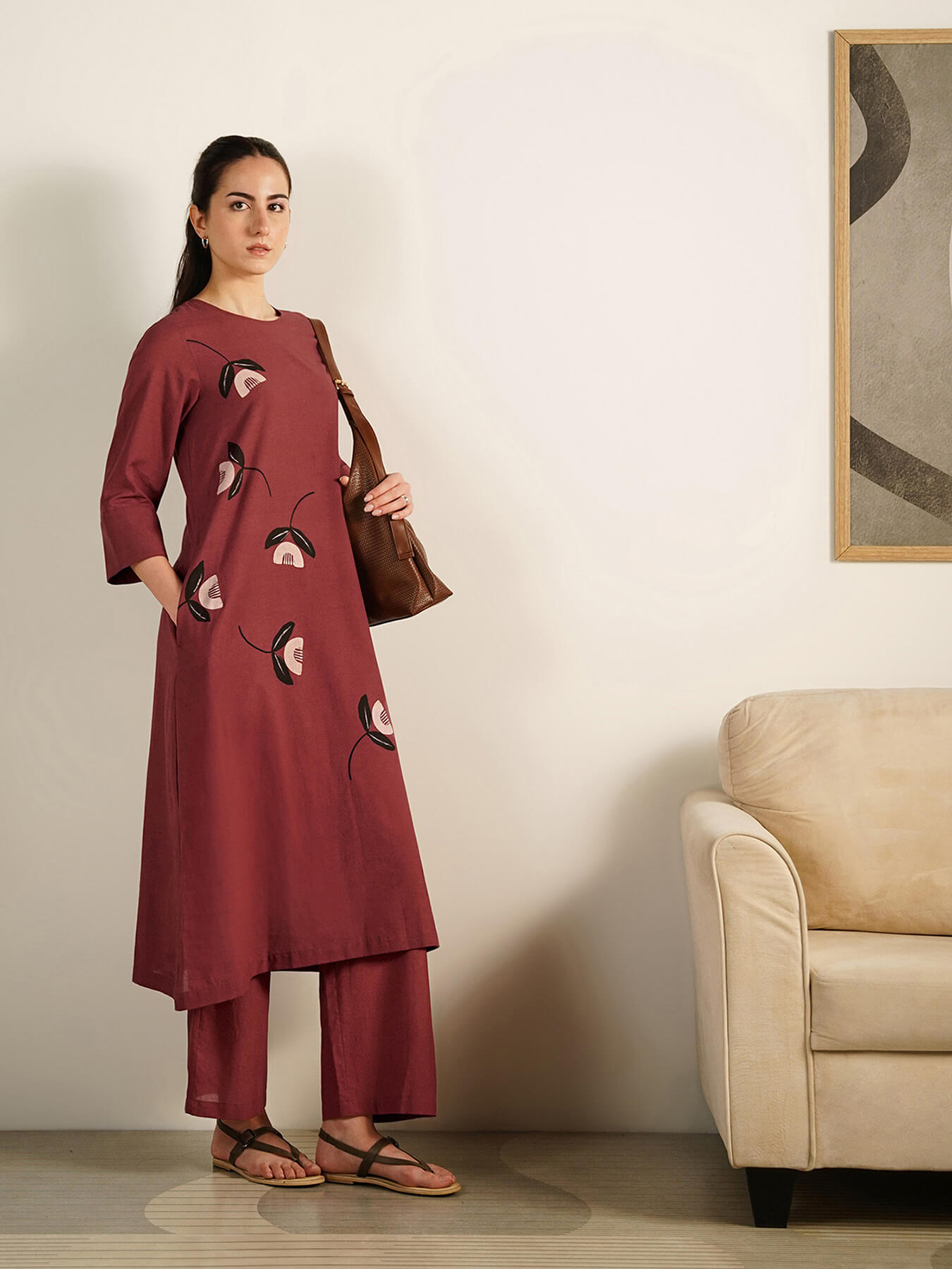 Cotton Floral Placement Print Kurta Set - Brown