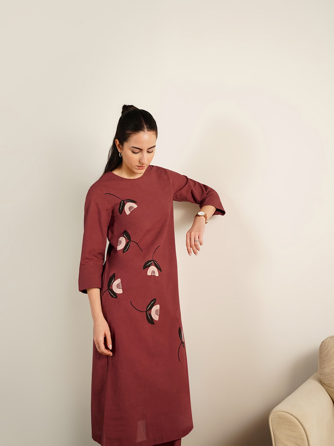 Cotton Floral Placement Print Kurta Set - Brown