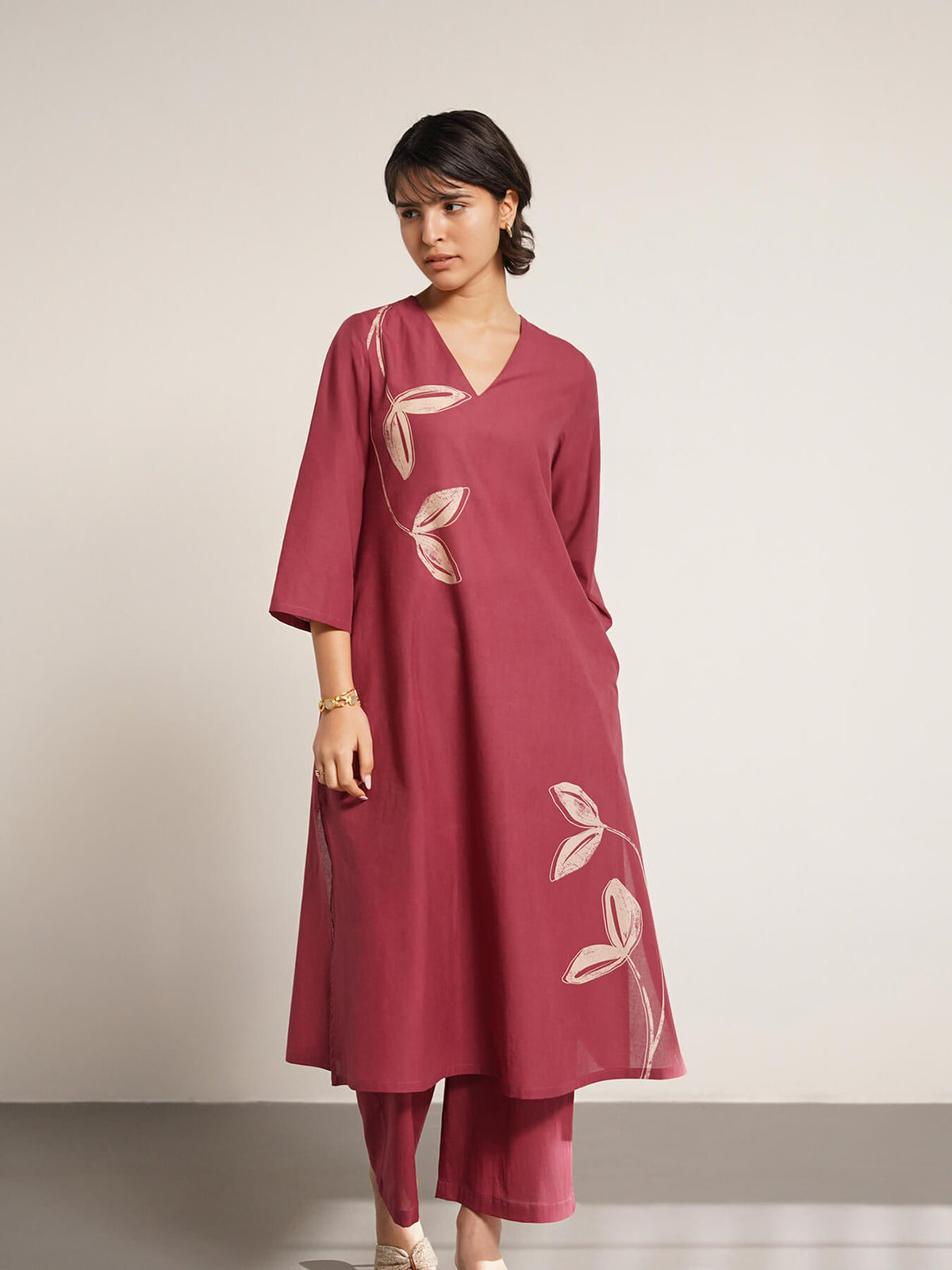 Cotton Floral A-line Kurta Set - Red