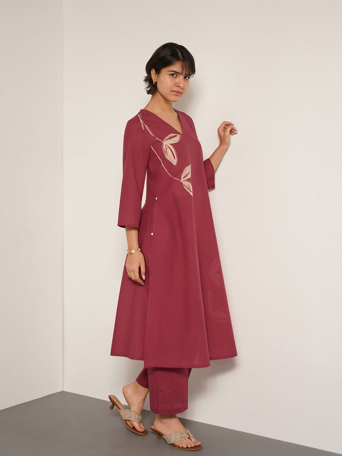 Cotton Floral A-line Kurta Set - Red