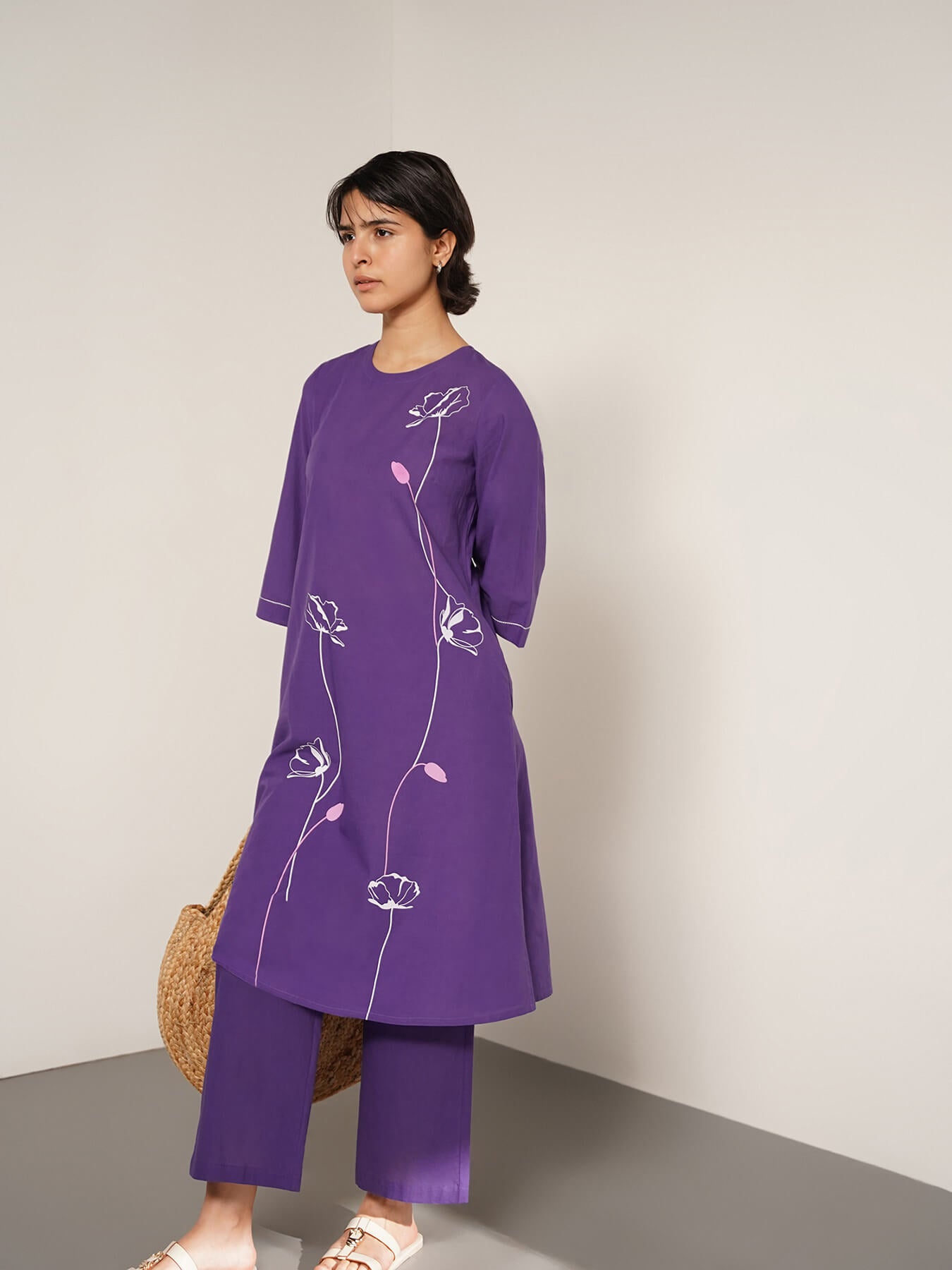 Cotton Placement Floral Print Kurta Set - Purple