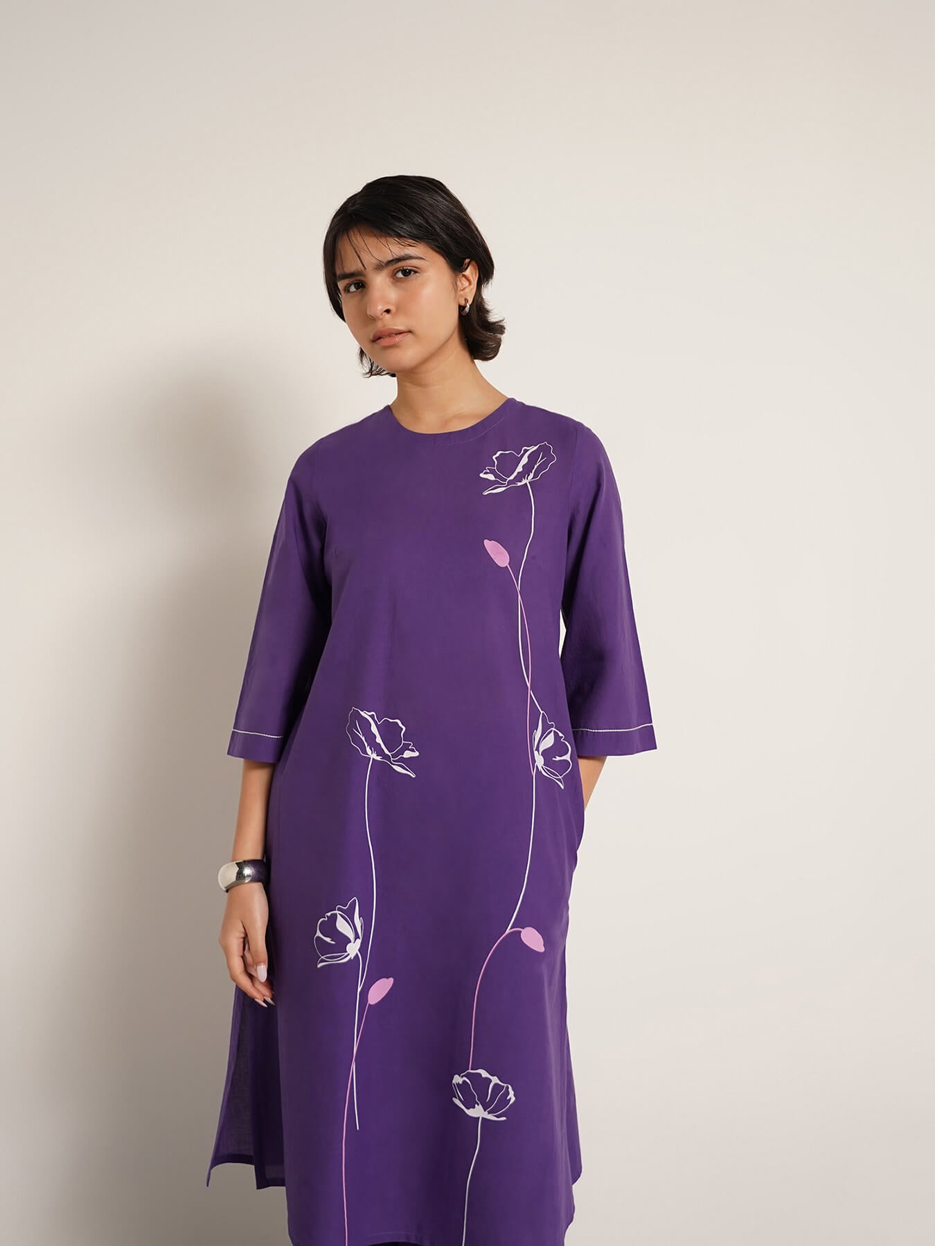 Cotton Placement Floral Print Kurta Set - Purple
