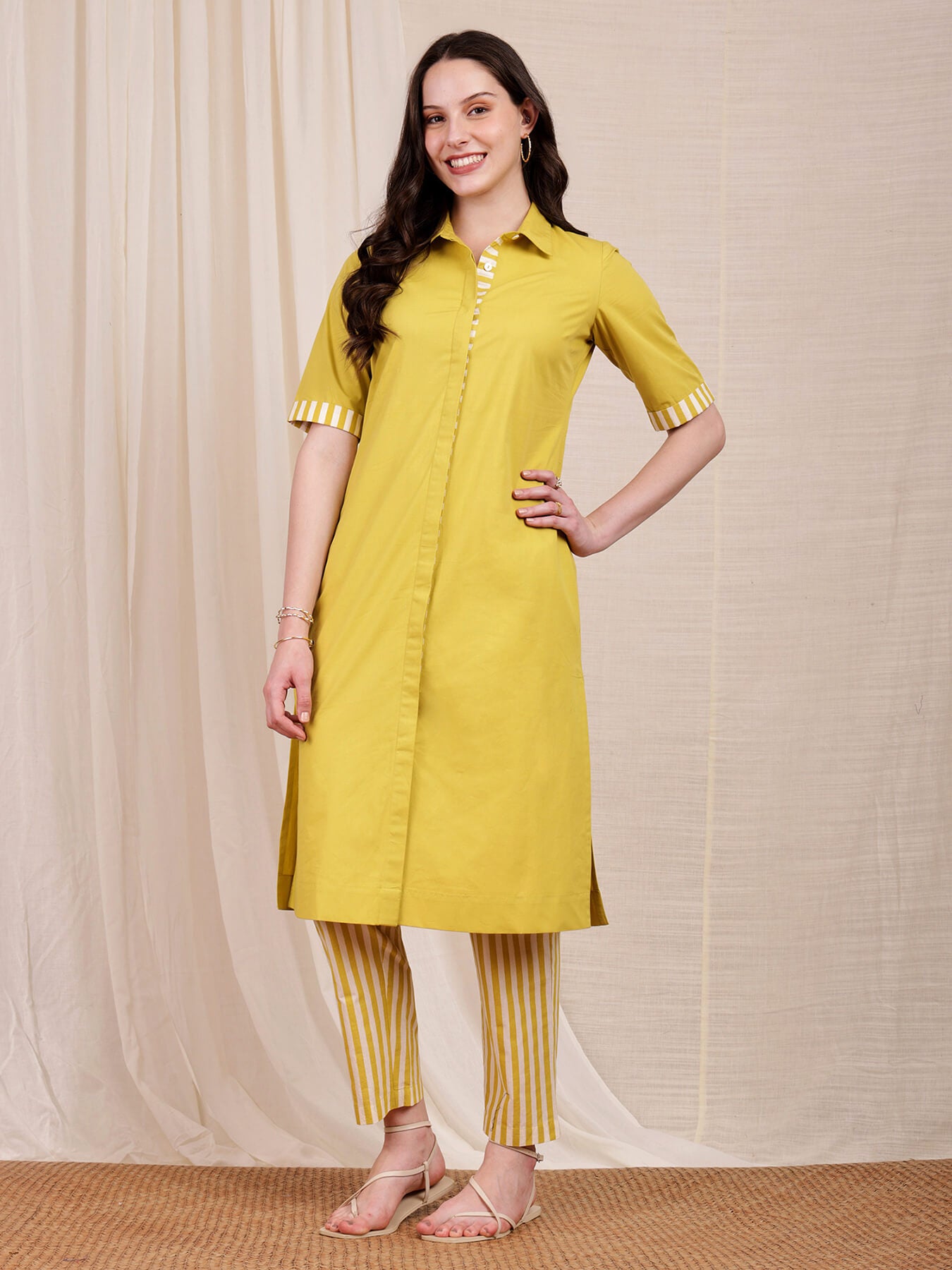 Cotton Contrast Shirt Kurta Set - Lime