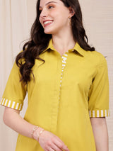 Cotton Contrast Shirt Kurta Set - Lime