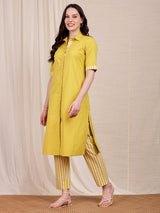 Cotton Contrast Shirt Kurta Set - Lime