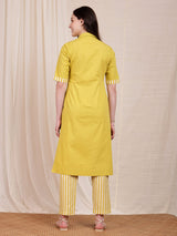 Cotton Contrast Shirt Kurta Set - Lime