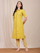 Cotton Contrast Shirt Kurta Set - Lime
