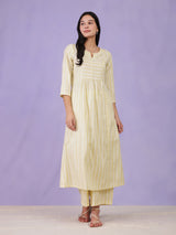Cotton Lurex Striped Kurta Set - Yellow