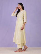 Cotton Lurex Striped Kurta Set - Yellow