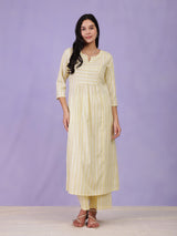 Cotton Lurex Striped Kurta Set - Yellow
