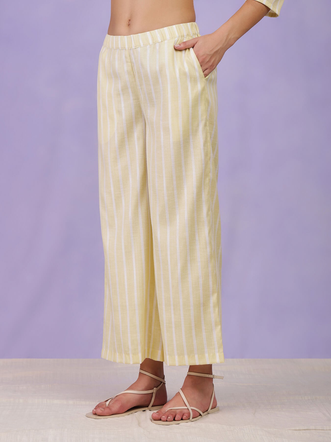 Cotton Lurex Striped Kurta Set - Yellow