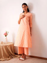 Cotton Jacquard Kurta Set - Peach