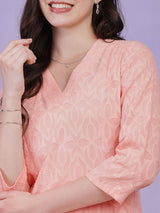 Cotton Jacquard Kurta Set - Peach
