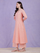 Cotton Jacquard Kurta Set - Peach