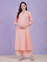 Cotton Jacquard Kurta Set - Peach