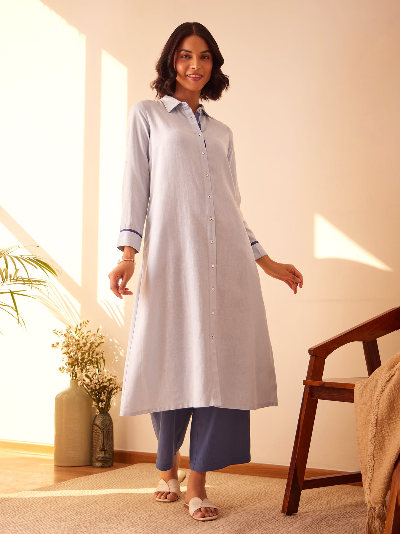Colourblock Shirt Kurta Set - Blue