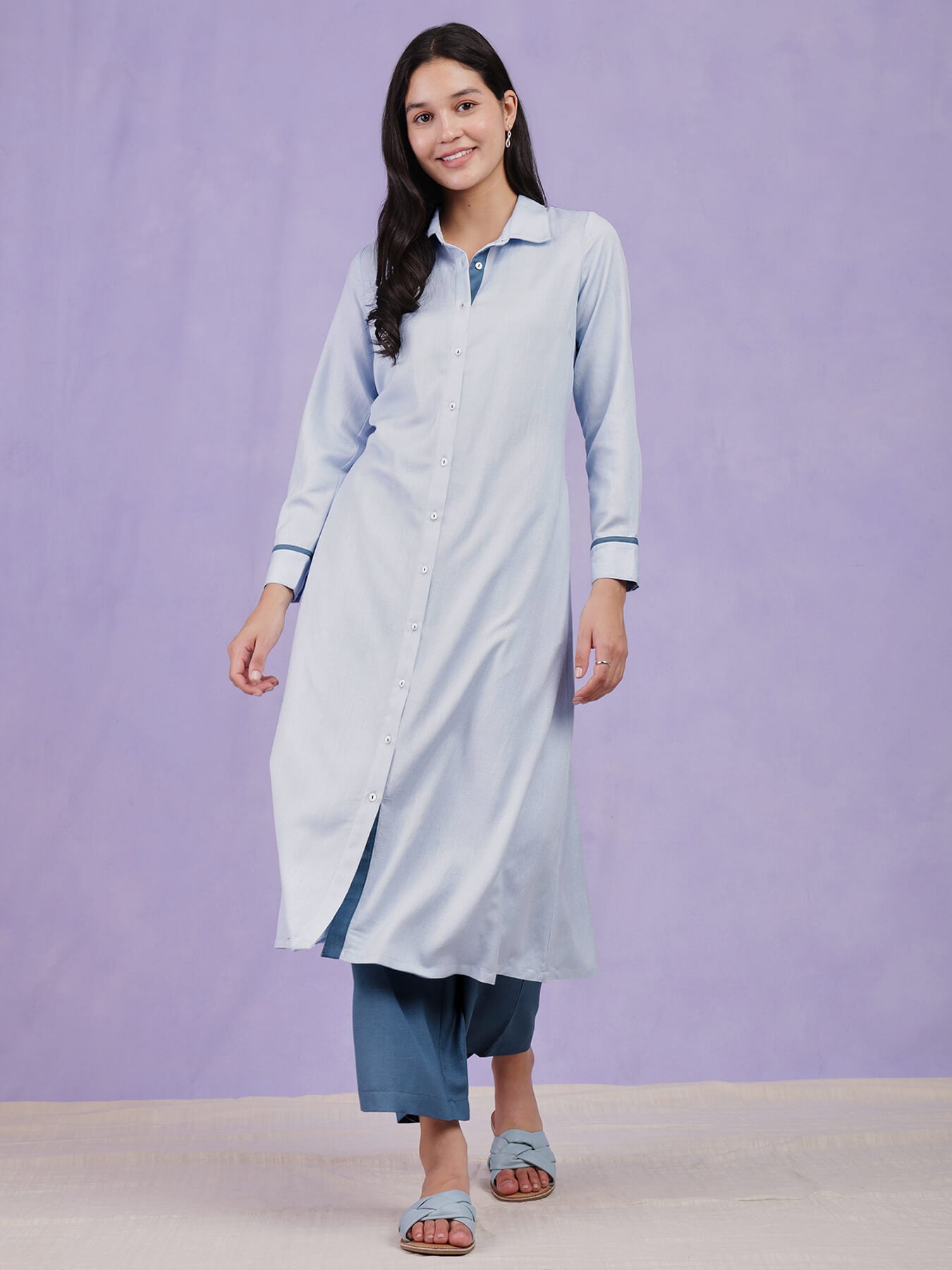Colourblock Shirt Kurta Set - Blue