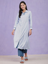 Colourblock Shirt Kurta Set - Blue