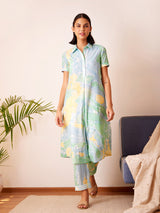 Cotton Cloud Print Kurta Set - Light Blue