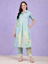 Cotton Cloud Print Kurta Set - Light Blue
