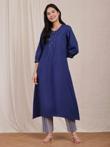 Cotton Solid & Stripes Kurta Set - Navy Blue