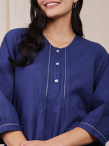 Cotton Solid & Stripes Kurta Set - Navy Blue