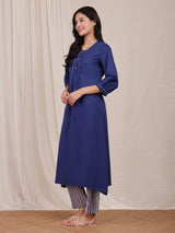 Cotton Solid & Stripes Kurta Set - Navy Blue