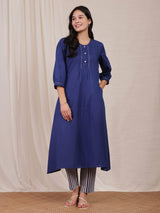 Cotton Solid & Stripes Kurta Set - Navy Blue