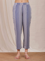 Cotton Solid & Stripes Kurta Set - Navy Blue