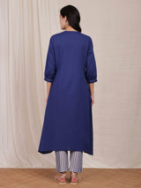 Cotton Solid & Stripes Kurta Set - Navy Blue