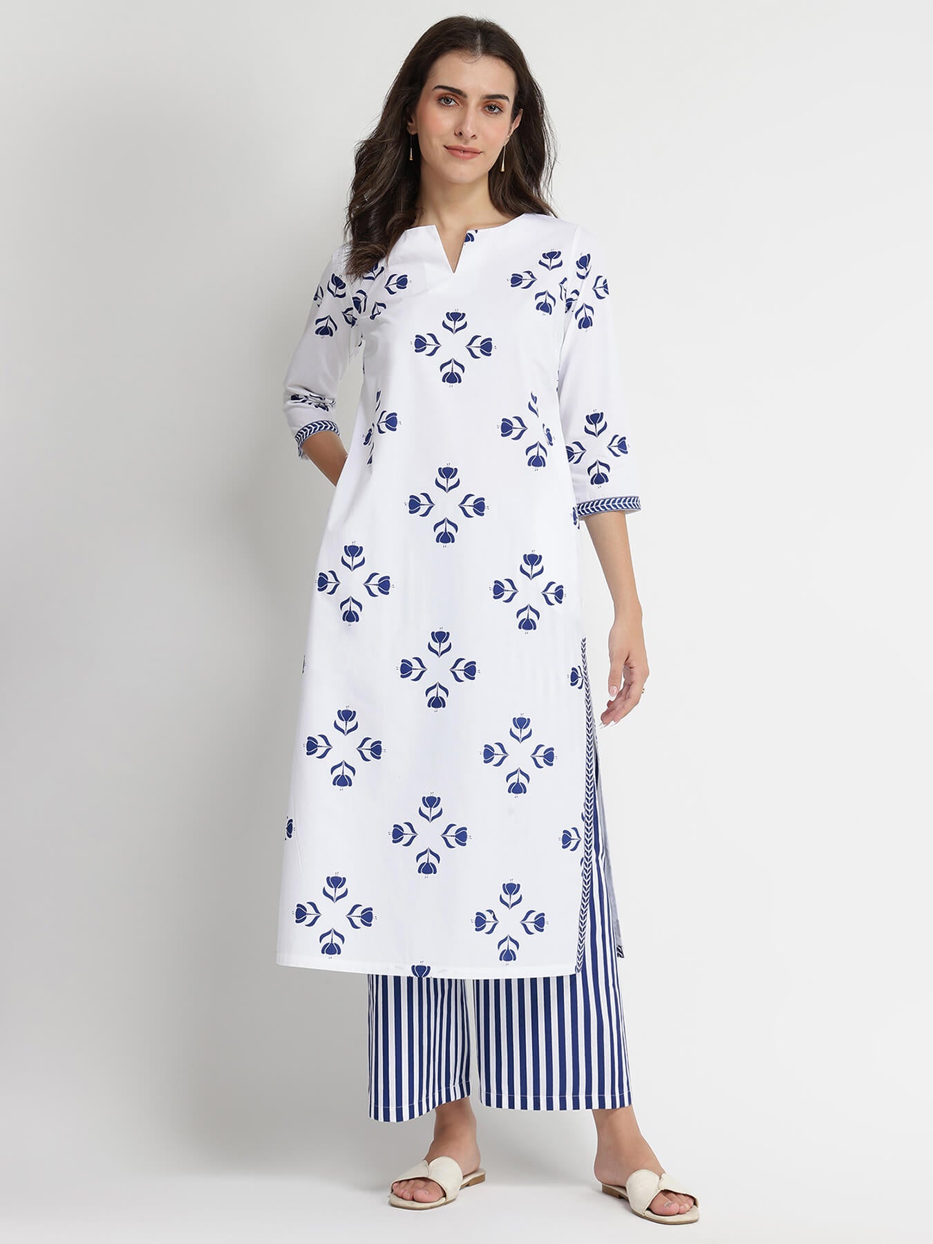 Cotton Floral Motif Kurta Set - Blue & White