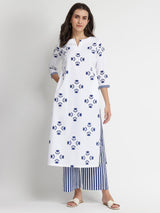 Cotton Floral Motif Kurta Set - Blue & White