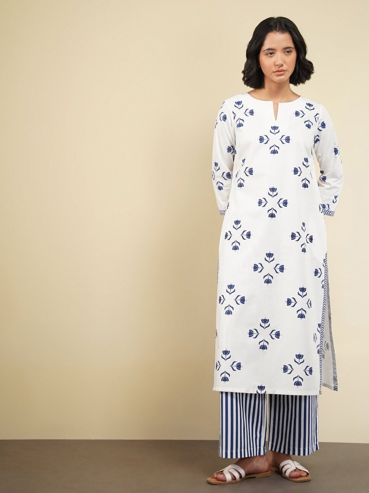 Cotton Floral Motif Kurta Set - Blue & White
