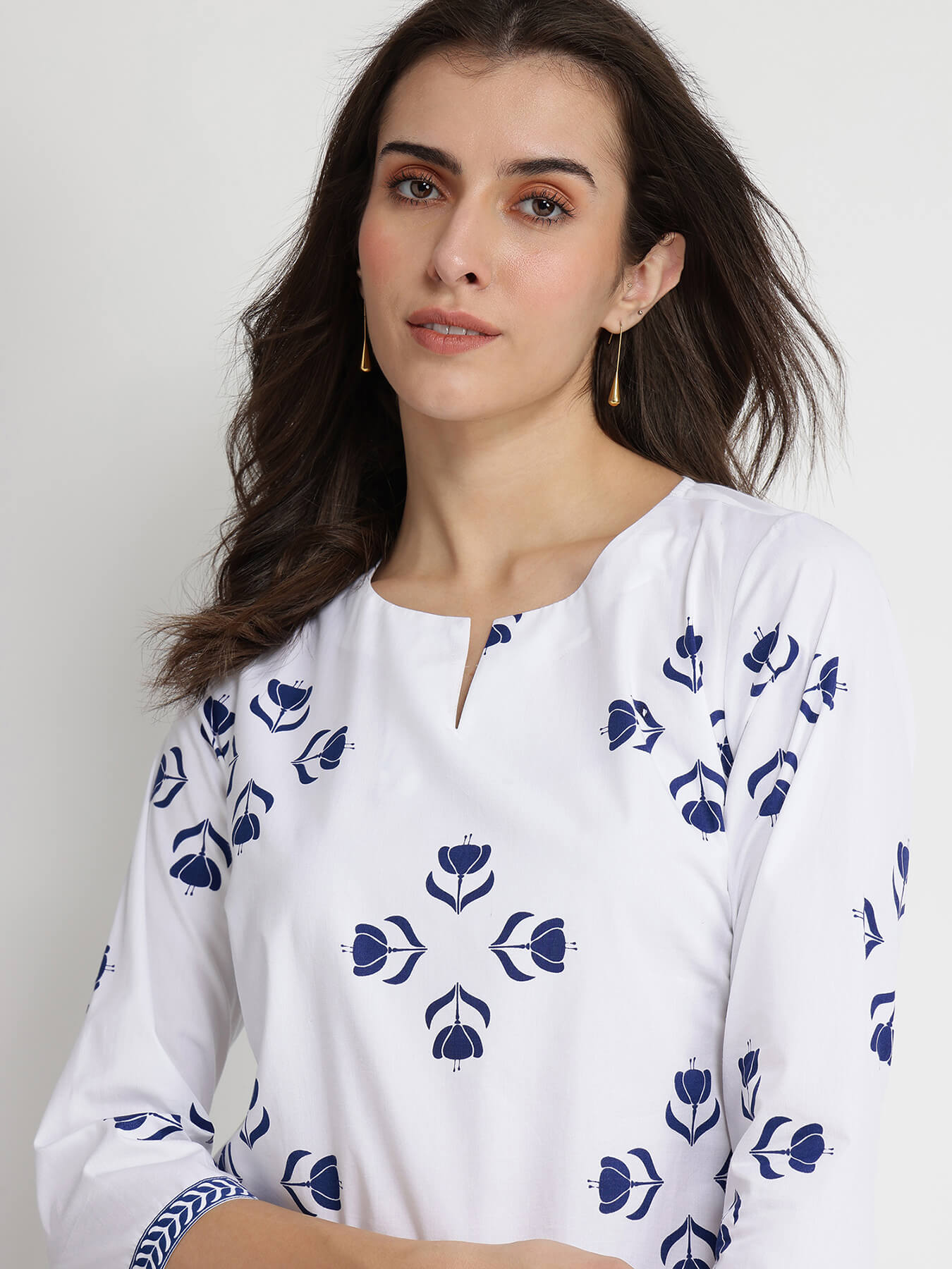 Cotton Floral Motif Kurta Set - Blue & White