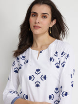 Cotton Floral Motif Kurta Set - Blue & White
