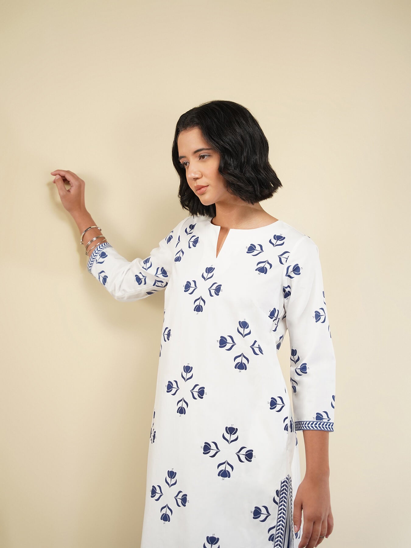 Cotton Floral Motif Kurta Set - Blue & White